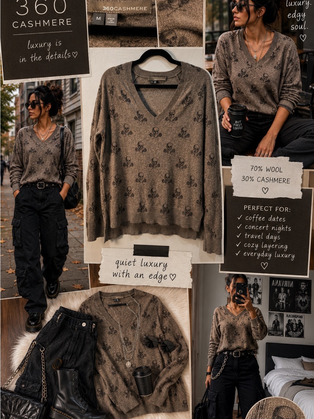 360 Cashmere Sweater Medium Taupe Brown Skull Wool Cashmere V Neck Goth Y2K